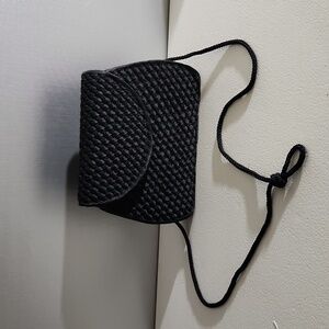 Vintage Black Woven Satin Evening Bag Purse With Long Strap Small Size Elegant